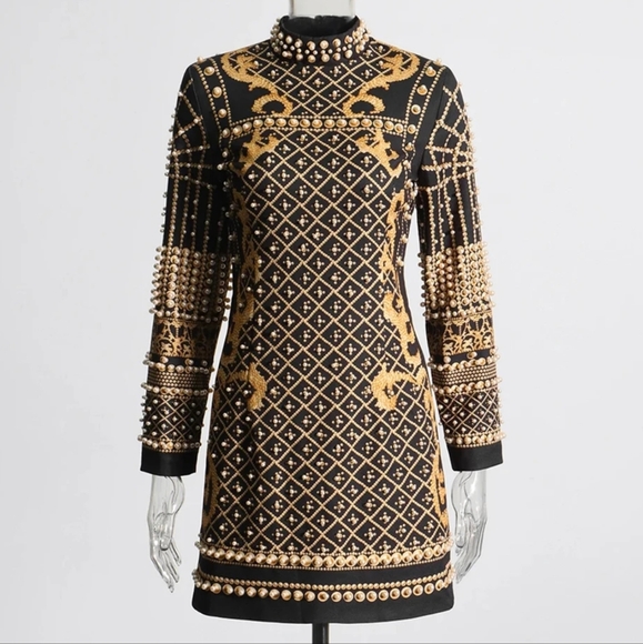 Dresses For Women Round Neck Long Sleeve High Wiast Spliced Pearls Slimm Dress - Picture 3 of 8